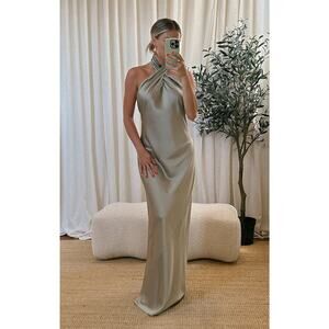 Show Me Your Mumu Jasmine Halter Maxi Dress Moss Green Luxe Satin L